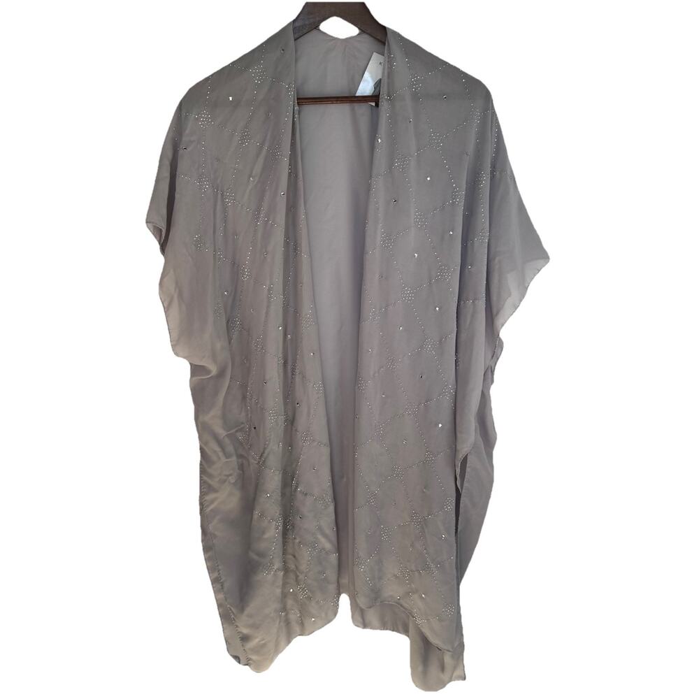 Jessica McClintock Women’s OS Sheer Kimono Cover Up Gray Rhinestone Studded NWT